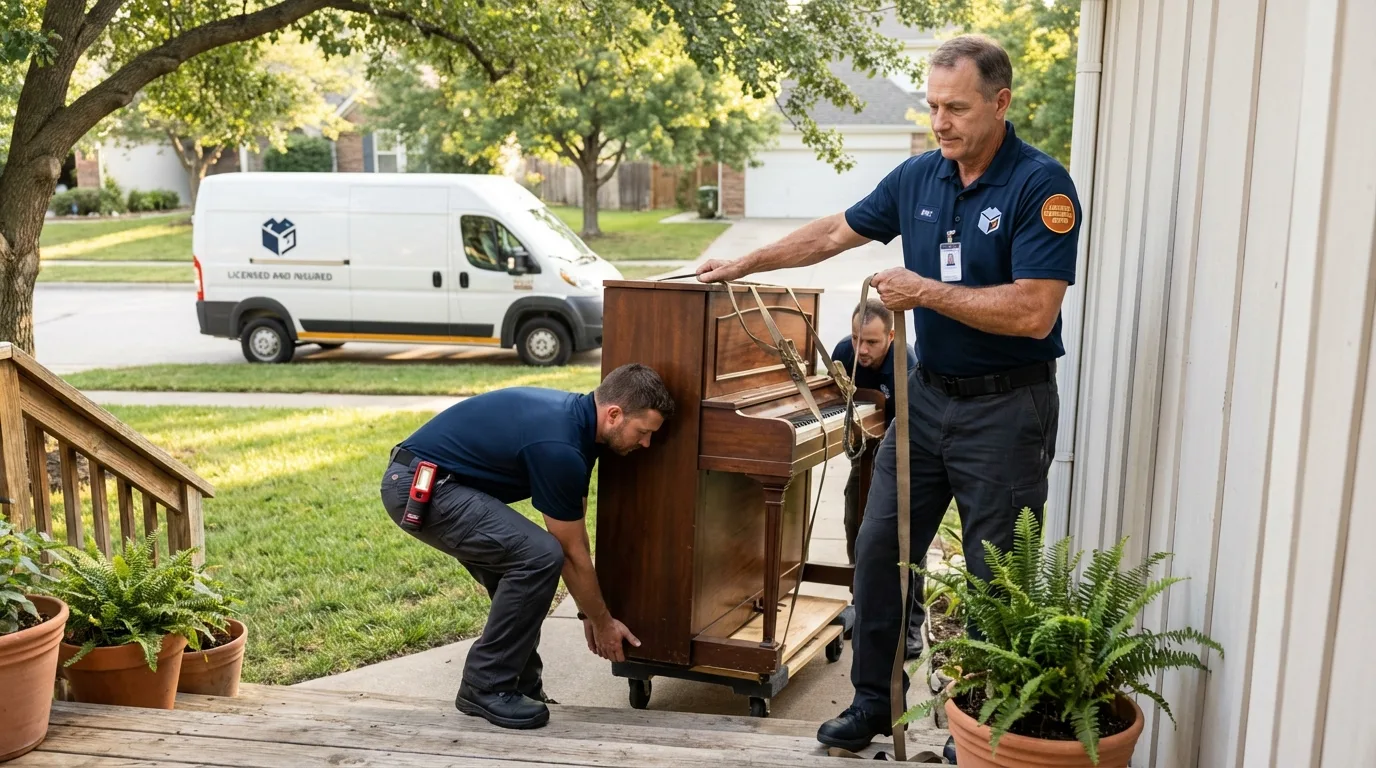Licensed piano movers securing grand piano in Centerton, AR