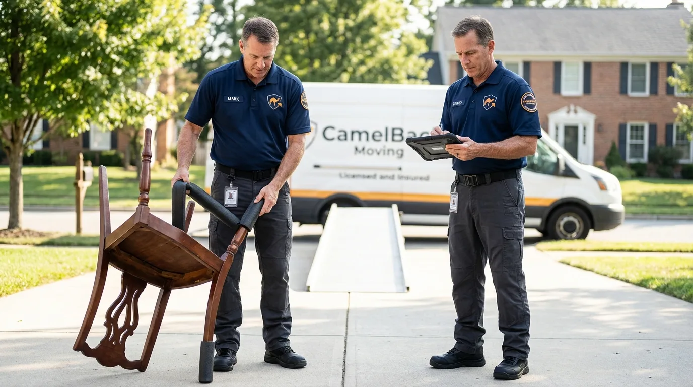 Movers inspecting furniture for damage prevention before loading in Centerton, AR